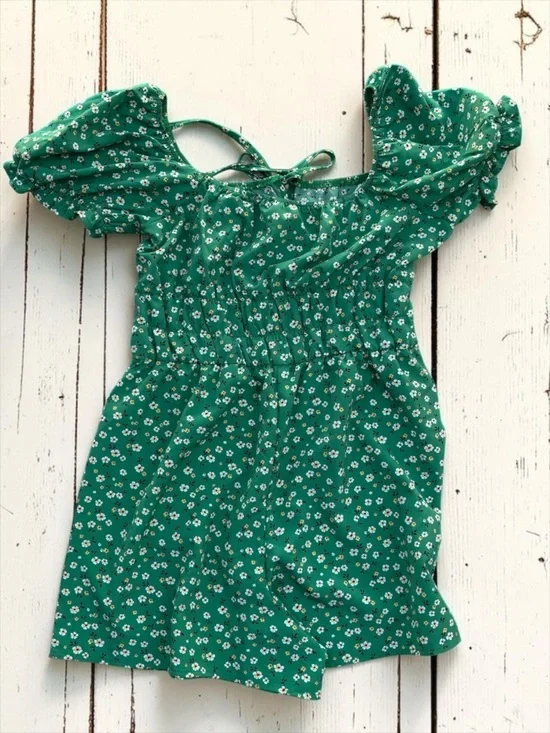 Hesperus Green Floral Romper XL Puff Sleeve Smocked Waist Cottagecore Boho - Picture 3 of 7